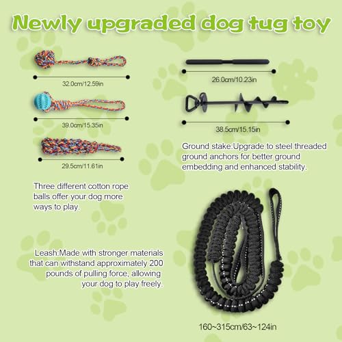 Tether Tug Outdoor Dog Toy with Upgraded Steel Stake & Adjustable Safety Rope, Includes 3 Chew Toys , Durable Interactive Tug of War Bungee Rope Toy for Large, Medium & Small Dogs on Lawns or Trees