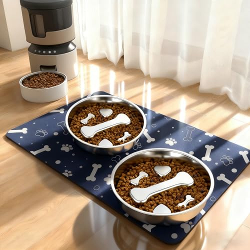 Stainless Steel Slow Feeder Dog Bowls with Pet Feeding Mat,2 Pcs Slow Food Bowl for Dog & Cat - 2 Cups Capacity,with Absorbent Pet Placemat,Puzzle Maze Dish for Small & Medium Sized Breeds - color: Bone-2Pack & Mat, size: M 1.5~2Cups