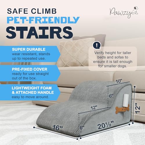 PAWZY Dog Stairs for Bed & Couch, 2-Step Foam Pet Steps 12” High for Small Dogs & Cats up to 60 lbs, Wide Non-Slip Stairs, Waterproof Washable Zipper Cover, No Assembly, Grey - 2 Pack - size: 2 Step