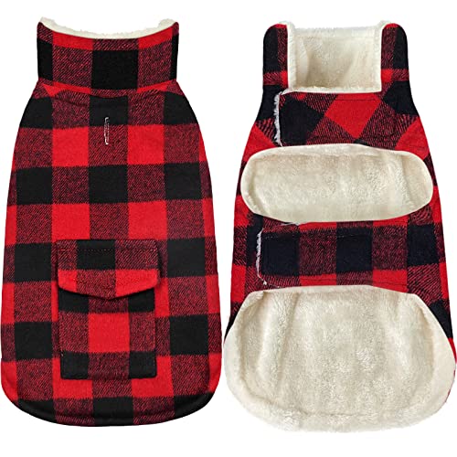 Malier Dog Winter Coat, Classic Plaid Fleece Dog Cold Weather Coats Pet Jacket with Pocket, Windprood Warm Coat Vest Pet Clothes Apparel for Small Medium Large Dogs (Red, Large) - color: Red, size: Large