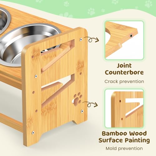 Elevated Dog Bowls, Adjustable Raised Dog Bowl Stand for Medium and Small Dog, 11" High Bamboo Pet Food Feeder with 2 Stainless Steel Dishes（4 Heights） - size: Medium/Small sized dogs