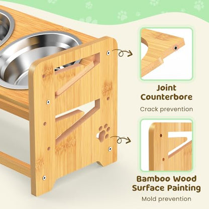 Elevated Dog Bowls, Adjustable Raised Dog Bowl Stand for Medium and Small Dog, 11" High Bamboo Pet Food Feeder with 2 Stainless Steel Dishes（4 Heights） - size: Medium/Small sized dogs