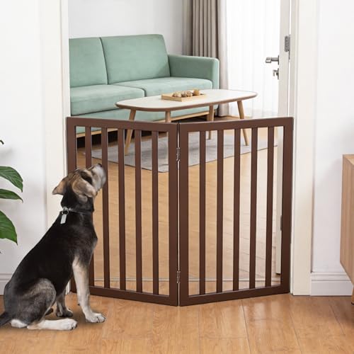 Dog Gate Indoor, Freestanding Dog Fence for The House, Doorways, Hallways,or Stairs,Pet Gate Foldable Wooden,Expandable 32" Height 2 Panels,Brown - color: Brown, size: 【2 Panels】40‘’w x 32''h