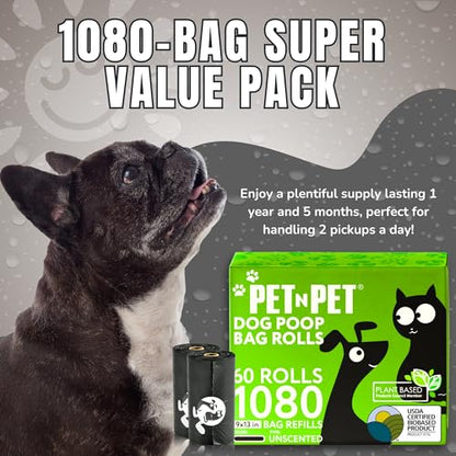 Pet N Pet 1080 Counts Black Poop Bags for Dogs, 41% Plant Based & 59% PE Extra Thick Dog Poop Bags Rolls, 9" x 13", Unscented Pet Waste Bag - size: 1 Count (Pack of 1080), style: Unscented - Black