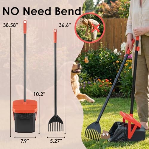 TIMINGILA 36" Pooper Scooper Swivel Bin & Rake with 100 Dog Poop Bags,Adjustable Long Handle for No-Bend Cleanup,Portable Non-Breakable Dog Poop Scooper for Large Medium Small Dogs