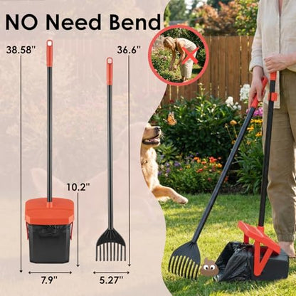 TIMINGILA 36" Pooper Scooper Swivel Bin & Rake with 100 Dog Poop Bags,Adjustable Long Handle for No-Bend Cleanup,Portable Non-Breakable Dog Poop Scooper for Large Medium Small Dogs