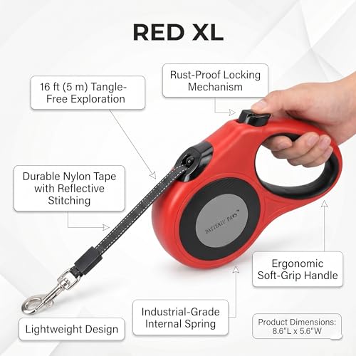 XL 16FT Retractable Dog Leash for Large Dog up to 120 lbs, Chew Proof Steel Wire Extender, One-Hand Brake & Lock, Tangle-Free Heavy Duty Walking Leash XL RED - color: Red