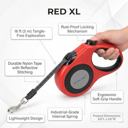 XL 16FT Retractable Dog Leash for Large Dog up to 120 lbs, Chew Proof Steel Wire Extender, One-Hand Brake & Lock, Tangle-Free Heavy Duty Walking Leash XL RED - color: Red