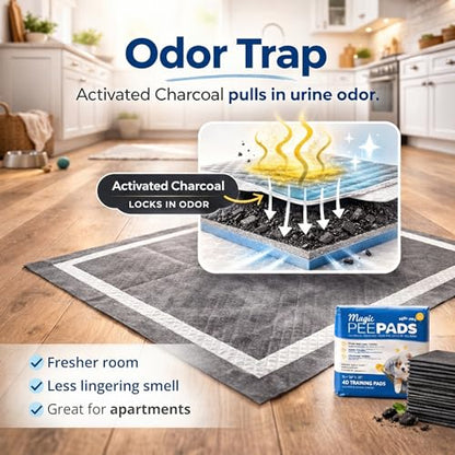 Alpha Paw - Magic Dog & Puppy Pee Pads - Puppy Pads with Charcoal, Extra Thick 6 Layers + Gel Tech Absorbs 6 Cups, Advanced Quick-Dry Indoor Wee Wee Pads for Dogs Training - XL Dog Pads 26”x30” 40 CT