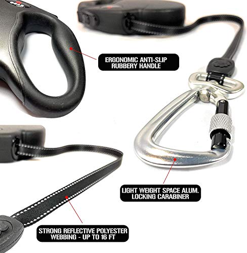 Enthusiast Gear Retractable Dog Leash for Large and Medium Dogs with Locking Carabiner | Heavy Duty 16 ft Strong Reflective Polyester Webbing, 1-Button Break & Lock, Anti-Slip Handle, Tangle Free