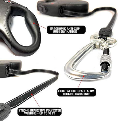 Enthusiast Gear Retractable Dog Leash for Large and Medium Dogs with Locking Carabiner | Heavy Duty 16 ft Strong Reflective Polyester Webbing, 1-Button Break & Lock, Anti-Slip Handle, Tangle Free