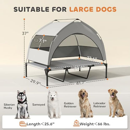 Elevated Dog Bed with Removable Canopy & Cooling Pad – Raised Outdoor Dog Cot with Breathable Mesh, Steel Frame, Storage Bag, Portable Pet Bed for Large Dogs