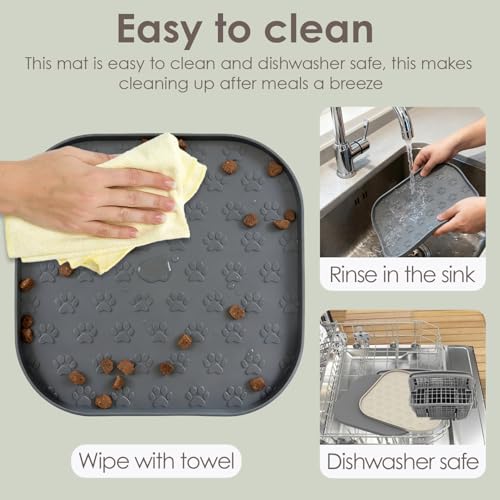 Pet Feeding Mat, Waterproof Anti-Slip Placemats for Dog Cat Bowl Silicone Pet Food Mat, Raised Edge Prevent Spills on Floor & Carpet, Dishwasher Safe (Beige, 11" x 11") - color: Beige