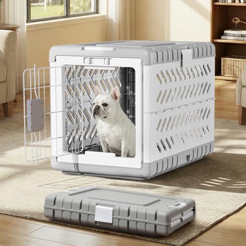 Collapsible Dog Crate for Medium/Small Dogs - 28" L Foldable Dog Cage No-Tool Assembly, Travel Dog Crate with 2 Wheels - Easy to Carry, Space-Saving, Indoor Outdoor Use, 27.96"(L) X18.3(W) X20.87(H) - color: Light Grey, size: 28.0"L x 18.3"W x 20.9"H