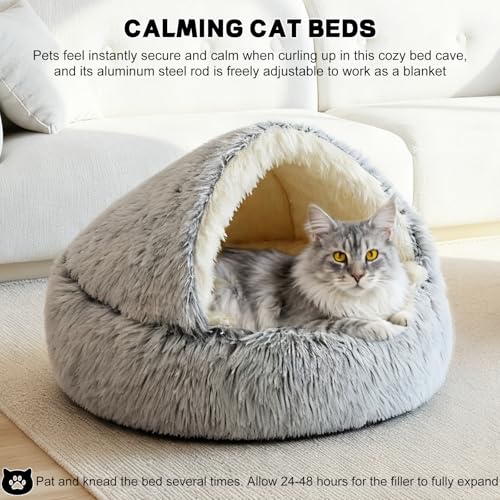 YUDANSI Calming Cat Beds for Indoor Cats - Plush Fluffy Hooded Cave Nest, Anti-Slip Self-Warming Pet Beds, Washable Built-in No-Collapsing Support (Grey-50cm/20in) - color: Non-removable-50cm