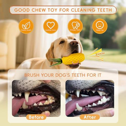 Pineapple Dog Toy for Aggressive Chewers, Tough Rubber | with Squeaker for Medium & Large Dogs, Puppy Teething Toy, Interactive Chew Toy, Helps Clean Teeth - size: Large