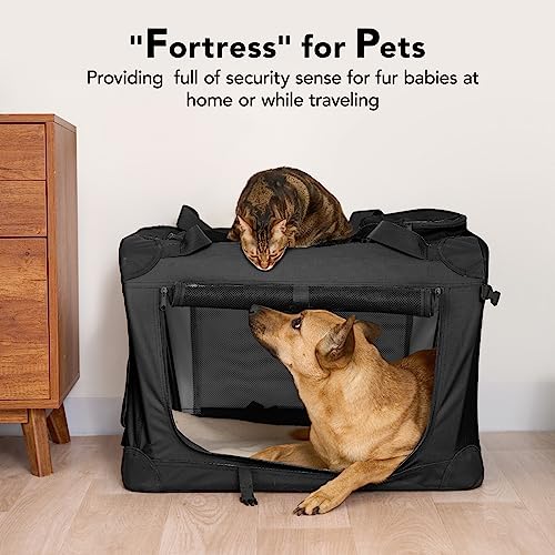 HICC PULE Collapsible Portable Kennel, 28 Inch Soft-Sided Pet Crate for Medium/Small Dogs, 3-Door Ideal for Travel, Indoor & Outdoor, Car Trips, Black