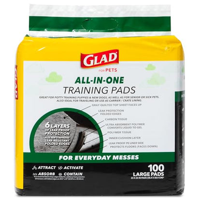 Glad for Pets Black Charcoal Puppy Pads, 6-Layer Leak-Proof Design with Activated Carbon Odor Control and Pheromone Attractant, Disposable Dog Pee Pads for Potty Training, 23 x 23 in, 100 Count - 2 Pk