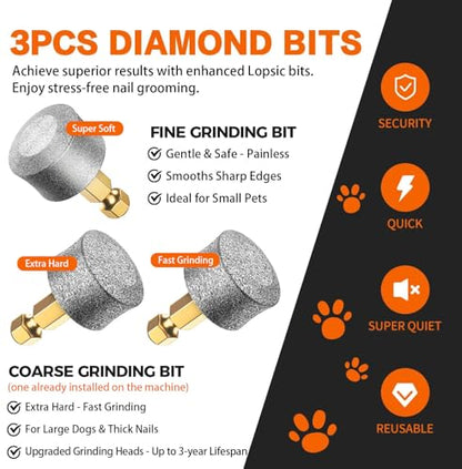 Whisper Quiet Dog Nail Grinder with 4 LED Lights, Safe & Stress-Free for Sensitive Dogs Cats of All Breeds & Sizes, 3 Grinding Bits, 3-Speed, Pet Nail Trimmers, Rechargeable Painless Grooming Kit Grey - color: Grey