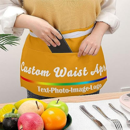 sophiehome Custom Waist Apron with Pockets Add Photo Logo Name Personalized Waiter Server Short Aprons for Kitchen - color: Gold