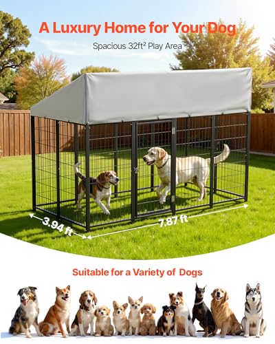 VEVOR Outdoor Dog Kennel, 7.87 x 3.94 x 5.4 ft Large Dog Kennel with Secure Lock, Outside Dogs Enclosures with UV-Resistant & Waterproof Roof Cover, Heavy Duty Pet Crate Cage Run for Large Dogs - size: 94.5"L x 47.2"W x 65.0"H