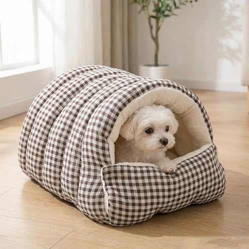 Small Cat Dog Cave Bed Calming Pet Nest Warm Plush Covered Cat House with Hooded Blanket Removable Hooded Blanket Cushion Washable Soft Calming Indoor Cat Bed(Gray, Medium) - color: Gray, size: Medium