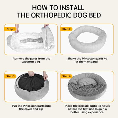 Cave Dog Bed with Blanket Easy to Assemble Donut Round Plush Cozy Cat Pet Bed for Puppy Machine Washable Removable Cover Cat Anti-Slip Bottom Gray 26X26X8 inch