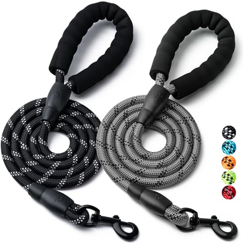 2 Pack Dog Leash, 4/5//6 FT Heavy Duty Nylon Rope Pet Leashes with Comfortable Padded Handle, Reflective Dog Leashes for Small Medium and Large Dogs (5FT-1/2,Black/Grey) - color: 2PCS-Black+Grey, size: 1/2"x 5 FT (18~120 lbs.)