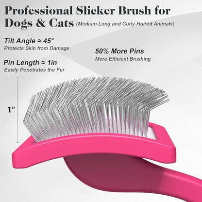 2PCS Slicker Brush for Dogs & Pet Comb,Professional Dog Grooming Brush (Goldendoodles,Poodles,Labradoodles) with Extra Long Pins to Effectively Remove Tangles, Knots and Mats (Pink, Large) - color: Pink, size: Large