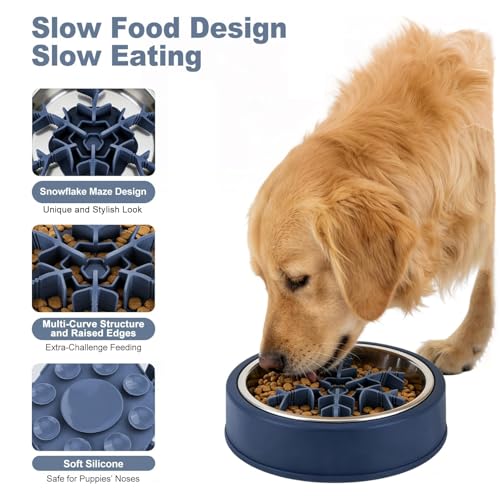 Slow Feeder Insert for Dog Bowl - Cuttable 3.0 Upgraded with Suction Cups for Large Medium Small Breed Dogs Anti-Choking Slow Feeding Food Fits Regular and Elevated Square Metal Glass Dogs Bowls Blue