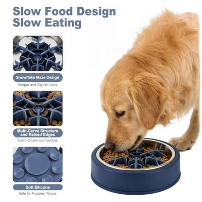 Slow Feeder Insert for Dog Bowl - Cuttable 3.0 Upgraded with Suction Cups for Large Medium Small Breed Dogs Anti-Choking Slow Feeding Food Fits Regular and Elevated Square Metal Glass Dogs Bowls Blue