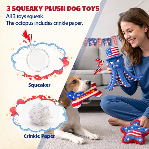 Patriotic 4th of July Dog Toys, 3-Pack Squeaky Crinkle Plush Set | For small and medium dogs; octopus toy for interactive play with a red, white and blue Independence Day design - color: Patriotic