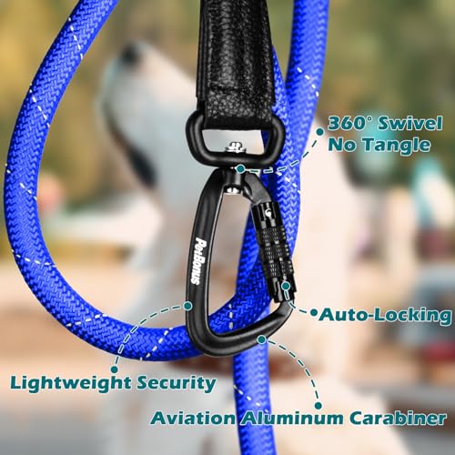 PetBonus Rope Dog Leash, 5 FT Heavy Duty Pet Nylon Leash with Auto Locking Aviation Aluminum Carabiner, Comfortable Padded Handle, Reflective Walking Training Lead for Medium Large Breeds (Blue) - color: Blue