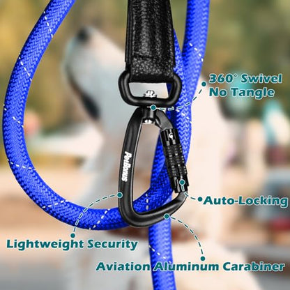 PetBonus Rope Dog Leash, 5 FT Heavy Duty Pet Nylon Leash with Auto Locking Aviation Aluminum Carabiner, Comfortable Padded Handle, Reflective Walking Training Lead for Medium Large Breeds (Blue) - color: Blue
