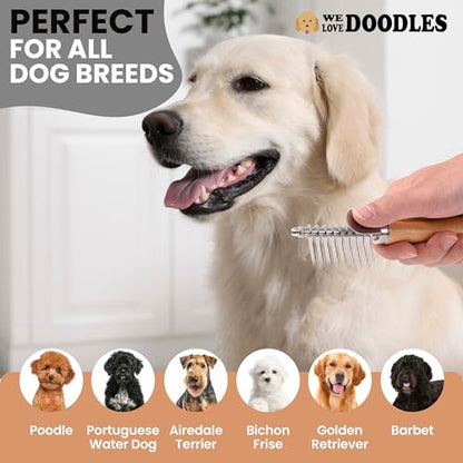 Dog Dematting Brush & Rake, Detangler Brush for Dogs, Comb Tool for Grooming, Best for Doodles, Poodles, Goldendoodles, Cats & Other Pets, Matted Fur Removal On Undercoat [We Love Doodles] - size: Dematting Rake Regular