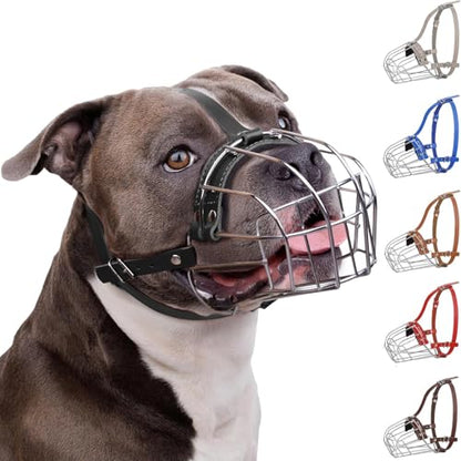 BRONZEDOG Pitbull Dog Muzzle Breathable Metal Basket for Large Dogs Amstaff Staffordshire Terrier Biting Chewing Barking (Leather, Black) - color: Leather, Black