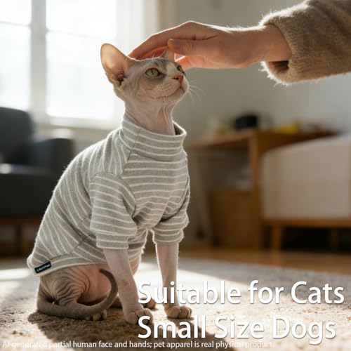 Sphynx Cat Clothes Fleece Cats&Small Dogs Pullover Sweater | Soft warm fleece, covers belly. Stretchy, easy on. Washes well. For small dogs & cats: daily walks, naps, AC rooms. - color: Gray Striped, size: Small