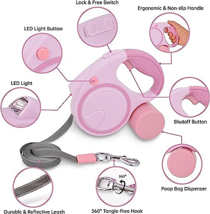 Retractable Dog Leash for Small Medium Dogs, Pink Retractable Dog Leash with Flashlight & Poop Bag Holder, 16Ft Dog Walking Leash,A - color: A