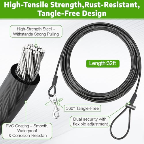 Dog Tie Out Stake for Large Dogs Supports Up to 220 lbs, Heavy-Duty 304 Stainless Steel Dog Anchor with 32FT Tangle-Free Cable for Yard, Camping, Outdoor | No Pull-Out, No Tools Needed