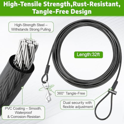 Dog Tie Out Stake for Large Dogs Supports Up to 220 lbs, Heavy-Duty 304 Stainless Steel Dog Anchor with 32FT Tangle-Free Cable for Yard, Camping, Outdoor | No Pull-Out, No Tools Needed