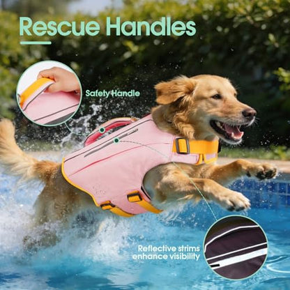 Kuoser Dog Life Jacket, Adjustable Swim Vest with Rescue Handle | High Flotation, Rescue Handle, Adjustable, Reflective,2 Storage Pockets, Pool Lake Boat Beach, Small Medium Large, Easy Wear - color: Pink, size: L (Chest Girth:22.8-29.5'')
