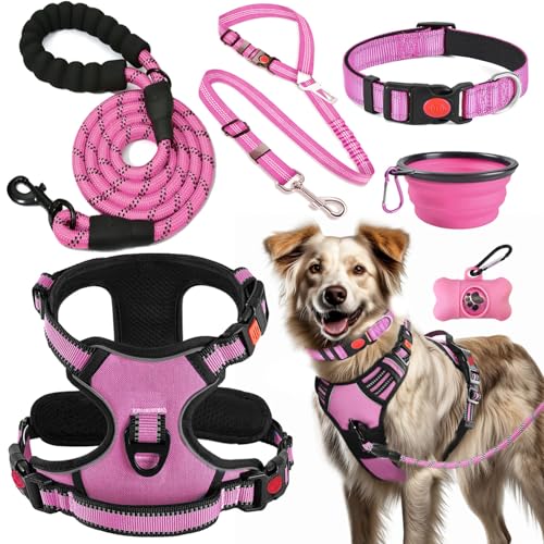 LOBEVE No Pull Dog Harness, Collar & Leash Set | Includes Dog Seat Belt, Collapsible Bowls & Poop Bag Dispenser. Ideal for Training, Walking, Hiking. Fits Small to Large Dogs(Pink-XL) - color: Pink, size: X-Large