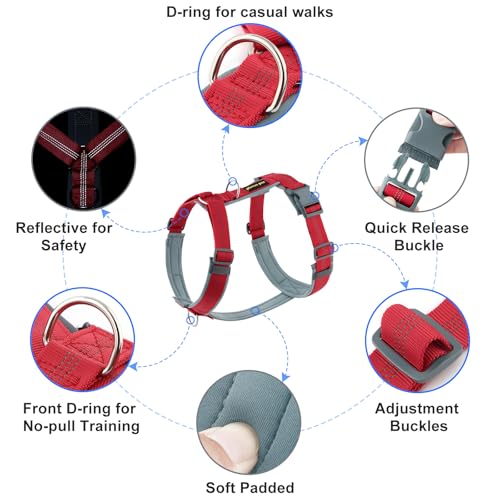 Plutus Pet No Pull Dog Harness, Adjustable Nylon Harness with Soft Padding, Reflective and Heavy Duty Dog Harness for Small, Medium, Large Dogs(Red, M) - color: Red, size: M
