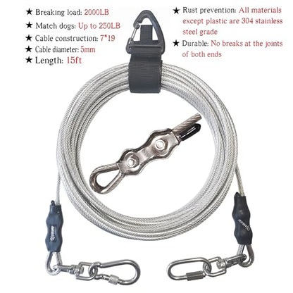 18" Heavy Duty Dog Tie Out Stake for Cable & Leash & Chain & Yard & Outside & Beach, Ground Stakes or Anchor for Large Dog Runner & Lead for Yard, Dog Camping Essentials (Stake+15FT Cable) - size: Stake+15FT cable