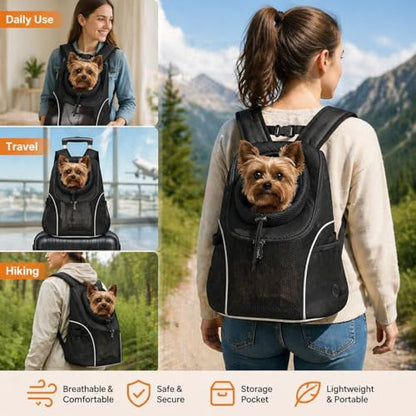 BAGLHER Dog Carrier Backpack for Small Dogs - Front Breathable Pet Backpack with Safety Buckle, Adjustable Hands-Free Design for Hiking, Cycling, Camping & Outdoor Use - Black, Size M (5-9 lbs) - size: 14.6"L x 8.7"W x 15.4"H