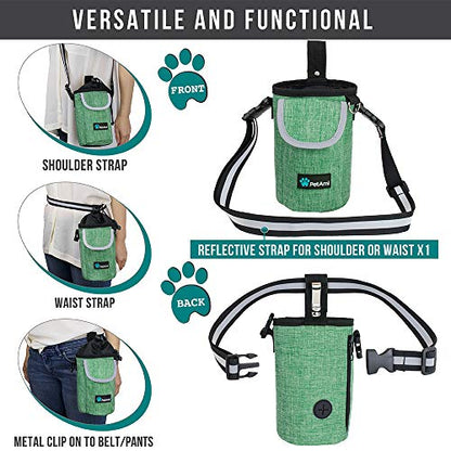 PetAmi Dog Treat Pouch, Large 3-Cup Dog Training Treat Bag with Poop Bag Dispenser, Hands-Free Waist Belt & Crossbody Strap, Reflective with Multiple Pockets & Belt Clip (Green) - color: Green