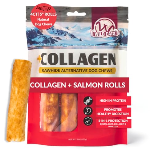 Wild Eats Salmon Flavor Collagen Cheek Roll Chews 5" 4pk Pig Ear Substitute | Long lasting treats and bones for medium dogs, retriever style texture, 4 per bag, satisfies natural gnawing urges daily - size: 8 Ounce (Pack of 4)