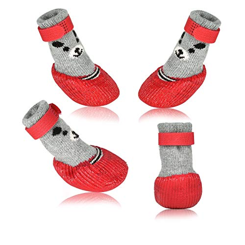 Dog Cat Boots Shoes Socks with Adjustable Waterproof Breathable and Anti-Slip Sole All Weather Protect Paws(Only for Tiny Dog) (L, Red) - color: Red, size: Large (Pack of 4)