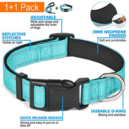 Ladoogo Reflective Dog Collar Padded with Soft Neoprene Breathable Adjustable Nylon Dog Collars for Small Medium Large Dogs (Medium (Pack of 1), Blue Collar+Leash) - color: Blue Collar+Leash, size: Medium (Pack of 1)