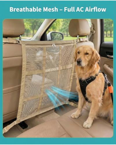 Dog Car Net Barrier 9-Grid Reinforced Easy Install | Beige, includes dog seat belt for car. Double mesh, storage pocket. Breathable, fits SUVs sedans trucks. Keeps dogs safe.